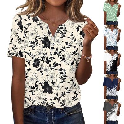 Women's T Shirt Print Button Short Sleeve Daily Weekend Fashion Basic V- Neck Regular Top