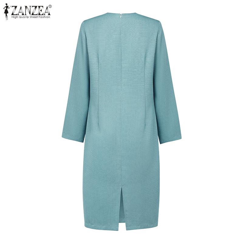 ZANZEA Women Casual Round Neck Long Sleeve Sheath Dress