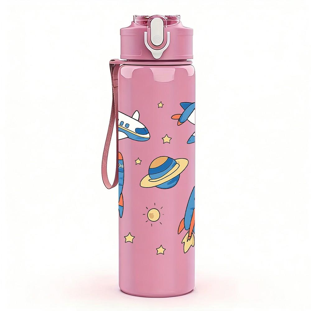 1PC Astronaut Rocket Sticker Pack 750ml Color Plastic Sports Water Bottle Leakproof Flip Straw Lid Suitable for Sports Office Home Use