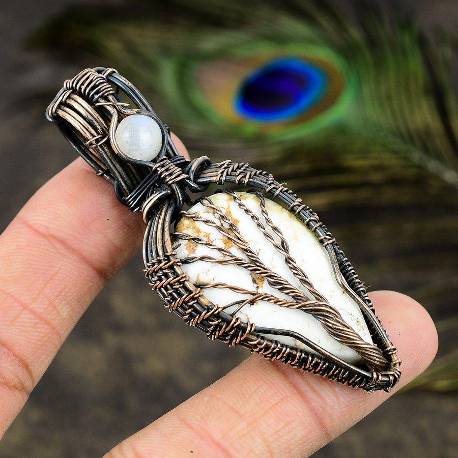 Wild Horse, Moonstone Gemstone Copper Wire Wrap Jewelry Pendant 3.15"