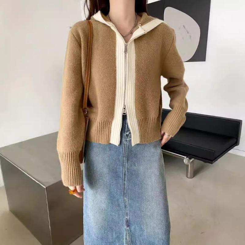 Autumn and winter double zipper color matching sweater women's jacket new knitted hooded lazy casual loose cardigan