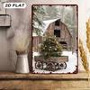 Winter Rustic Snowscape Art  Vintage Metal Sign with Christmas Tree and Wooden Wheelbarrow Ideal for Home Decor