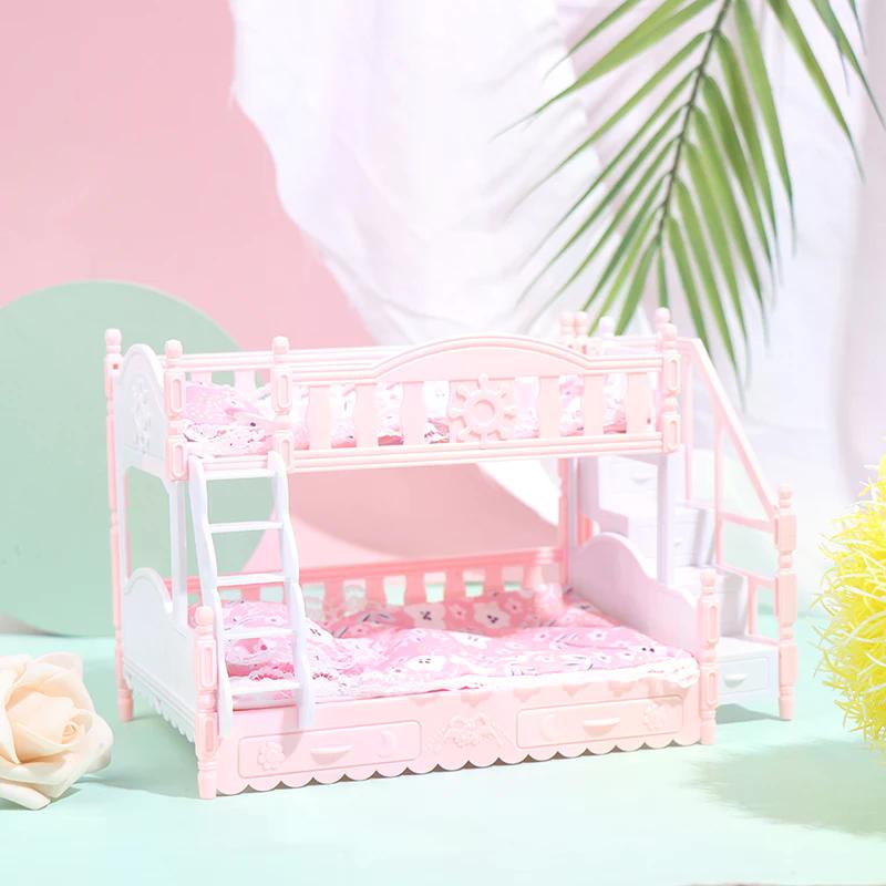 Dollhouse Miniature European Princess Double Bed Simulation Furniture Doll House Bedroom Decor Pretend Play Toys For Kids