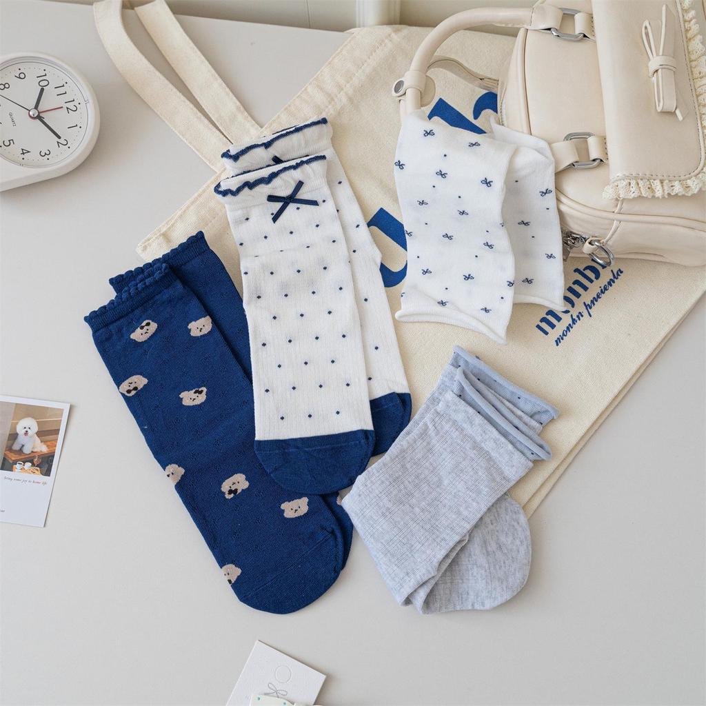 Women's Japanese-Style Blue & White Loose Socks: Spring/Summer Thin Mid-Calf with Cartoon Bear, Polka Dot & Bow Design