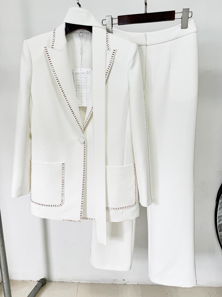 2026 High Street Spring Fashion: Rhinestone Suit Jacket & Trousers Scarf Set for Women