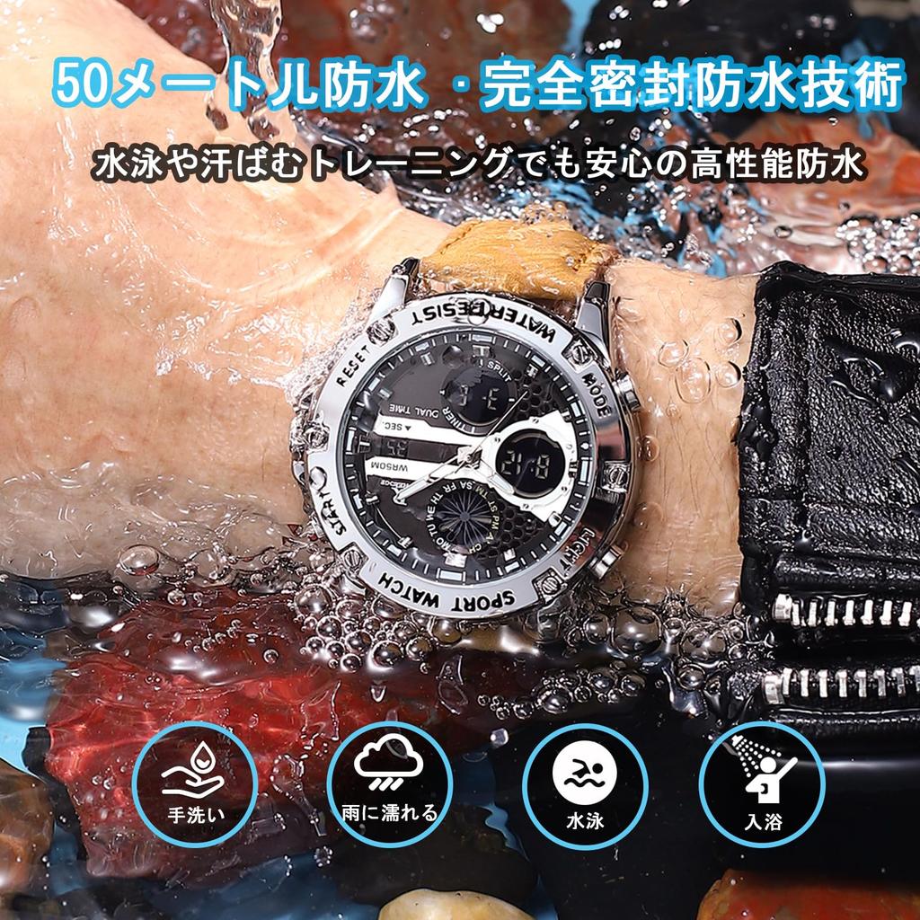 Quartz 5 ATM Water Luminous Genuine Leather Dual Large Suitable for Job Gift Men's Watch, Analog-Digital Watch, Resistant, Hands, Strap,