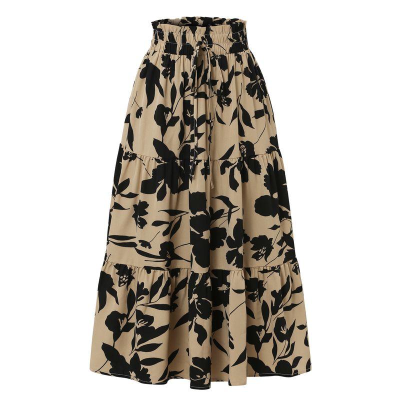 Printed Long Dress A Word Summer High-Grade Pleated Skirt Elastic Waist Women Clothes Print Long Dress Skirt