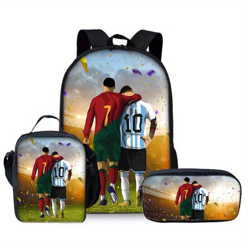 3Pcs Soccer Crown Number 7 Backpack Set,Football Print School Backpack with Lunch Bag and Pencil Case,Kids Sports Bookbag Set for Student Daily School