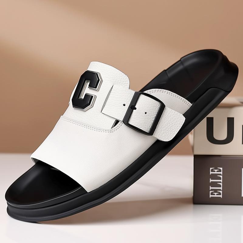 Fashion Men Outwear Genuine Leather Slippers for Men Fashion Buckle Designer Summer Flip-flops Male Casual Non-slip Beach Shoes Man