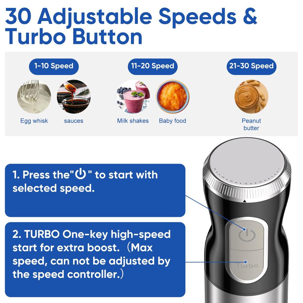 BioloMix HB‑3016 Black 1000W 3‑in‑1 Hand Blender 30‑Speed Turbo Immersion Blender