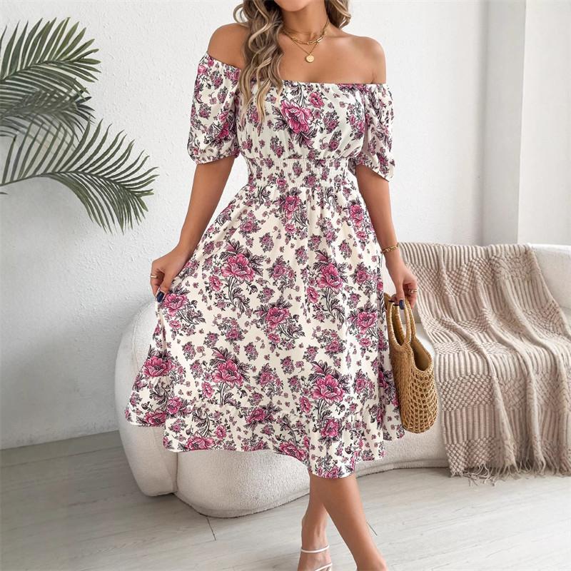 Off-the-shoulder Floral Print Vacation Beach Dress Women Ruffled Spring Summer Short-sleeved