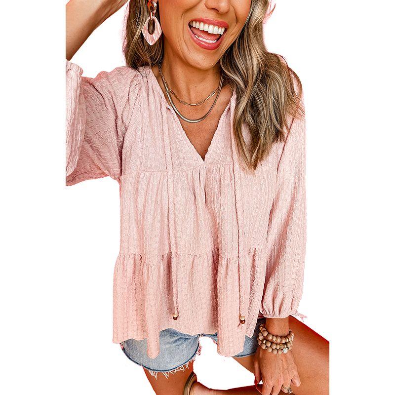 

Early Spring 2025 New Arrival Pure Color Textured Layered Chiffon Shirt Women Fashion Commuter s All-Matching V Neck Pullover Tops Women Pink S code fits (45.00 kg-55.00 kg