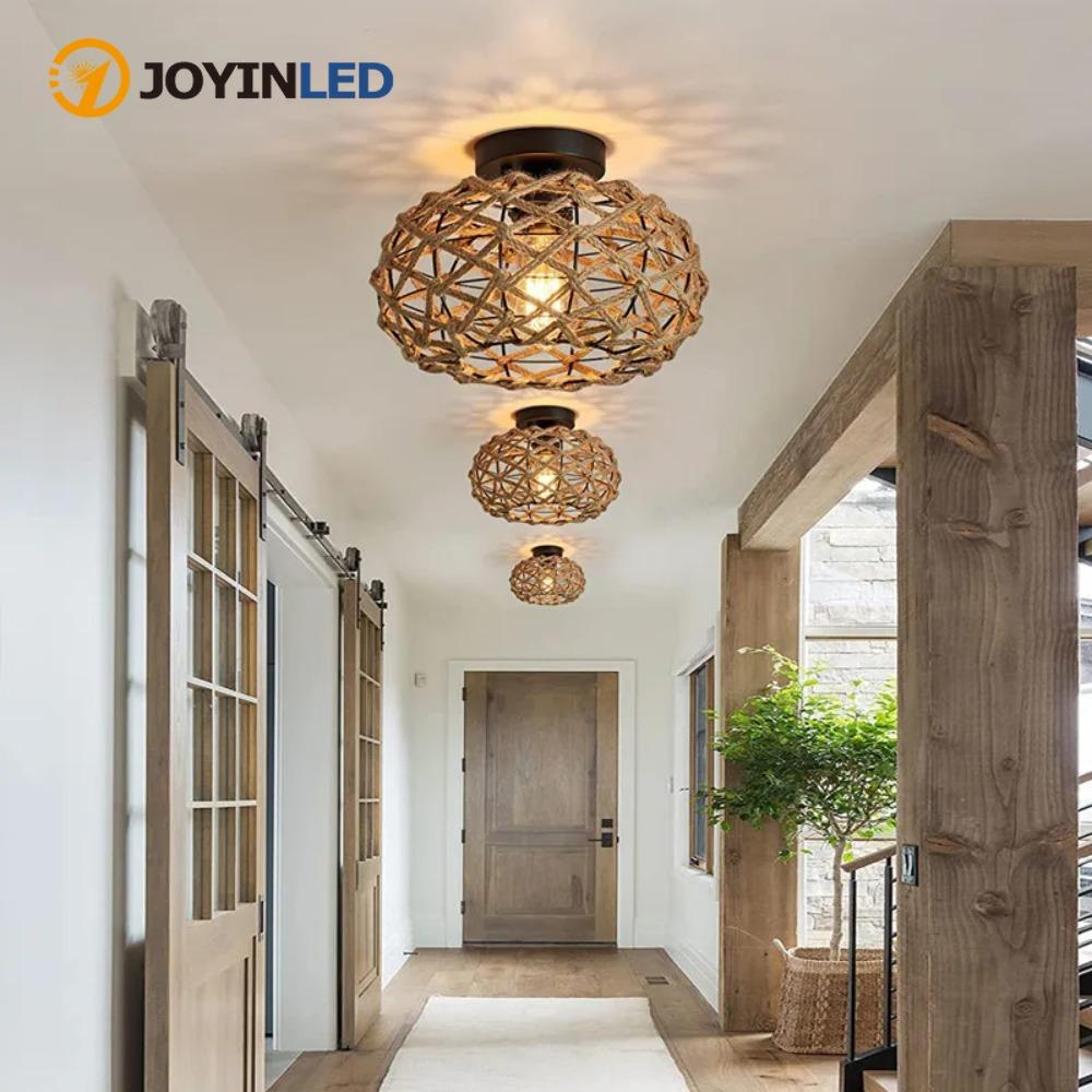 JOYINLED E27 Natural Handmade Hemp Rope Brown Pendant Light Creative Chandelier Modern Wicker Light for Restaurant Coffee Shop