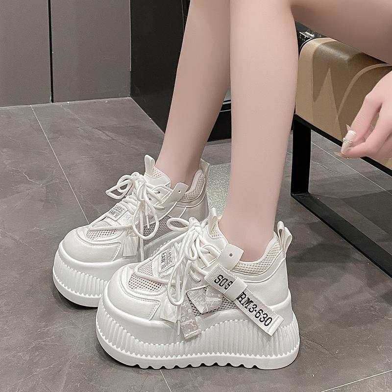 Fashion Women's Dad Shoes 8cm Height Increase Spring Summer New Style Lace Breathable Platform Thick Bottom Net Surface White Shoes