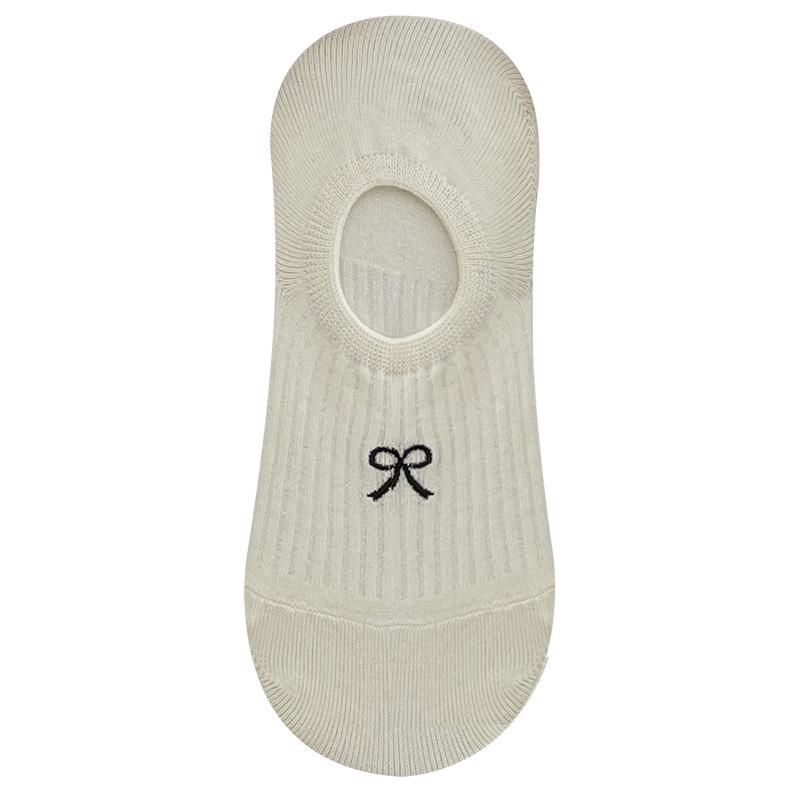 Frühlings-/Sommer Baumwoll-Bootssocken mit Schleifenstickerei - Unsichtbar, Einfarbig, Niedrig geschnitten