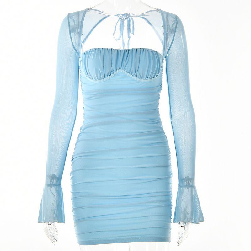 

Transitional Sexy Zone Temperament Square Collar Mesh Long Sleeve Skinny Sheath Dress Slim Looking Sexy Tight Skirt Black Blue S