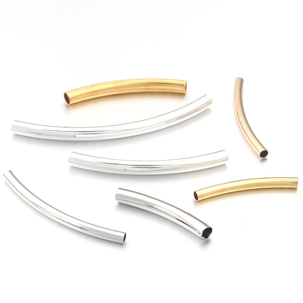 50pcs/lot Copper Curved Tube Gold Silver Smooth Tube Beads Jewelry Connectors For DIY Charm Bracelet Necklace Making Accessories