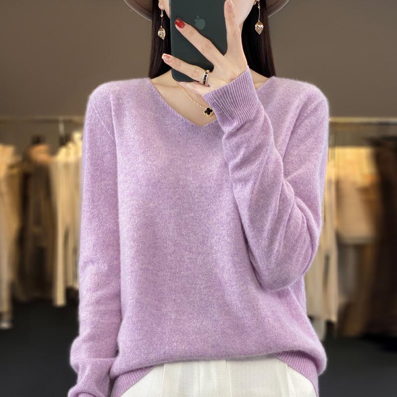 Women's Slimming V-Neck Pure Wool Cashmere Sweater - Soft, Seamless Knitwear Base Layer