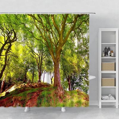 Cortina de Ducha Set Ganchos Paisaje Bosque Verde Árbol de Primavera Paisaje Decoración Hogar Cortina de Baño Tela de Poliéster para Baño.