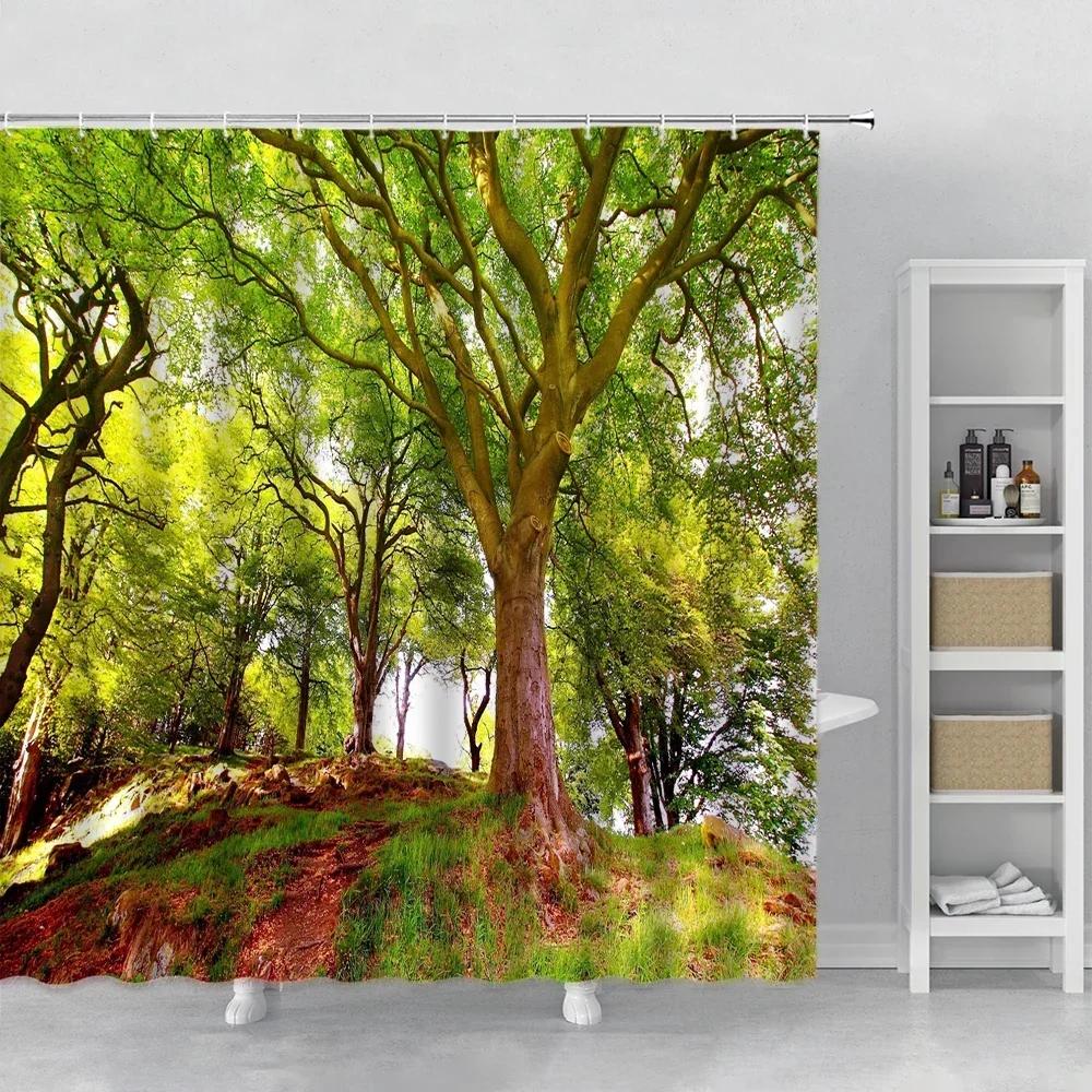 

Зеленый Лесной Пейзаж Набор Занавесок для Душа Крючки Весеннее Дерево Пейзаж Домашний Декор Занавеска для Ванной Полиэстеровая Ткань для Ванной. 90x180cm