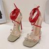 Liyke Sexy Red Ankle Strap Sandals For Women Crystal Rivet Pvc Transparent Summer High Heels Party Prom Shoes Square Toe Sandal