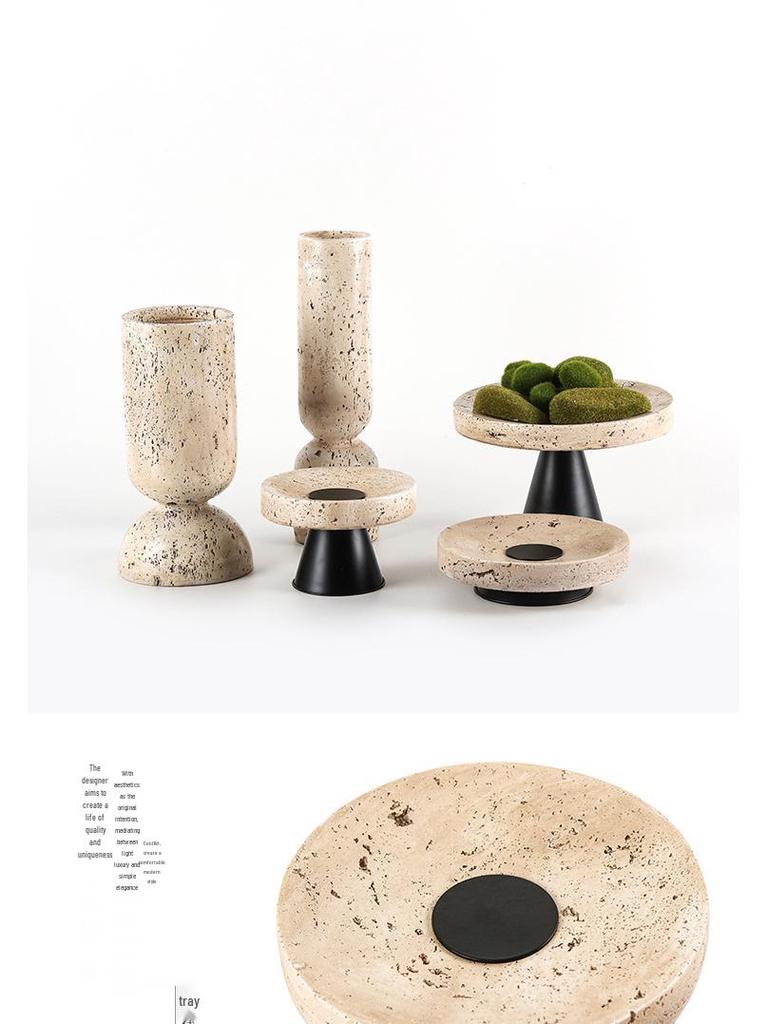 Wabi-Sabi High-Footed Round Fruit Plate - Light Luxury Yellow Travertine Style Decorative Tray