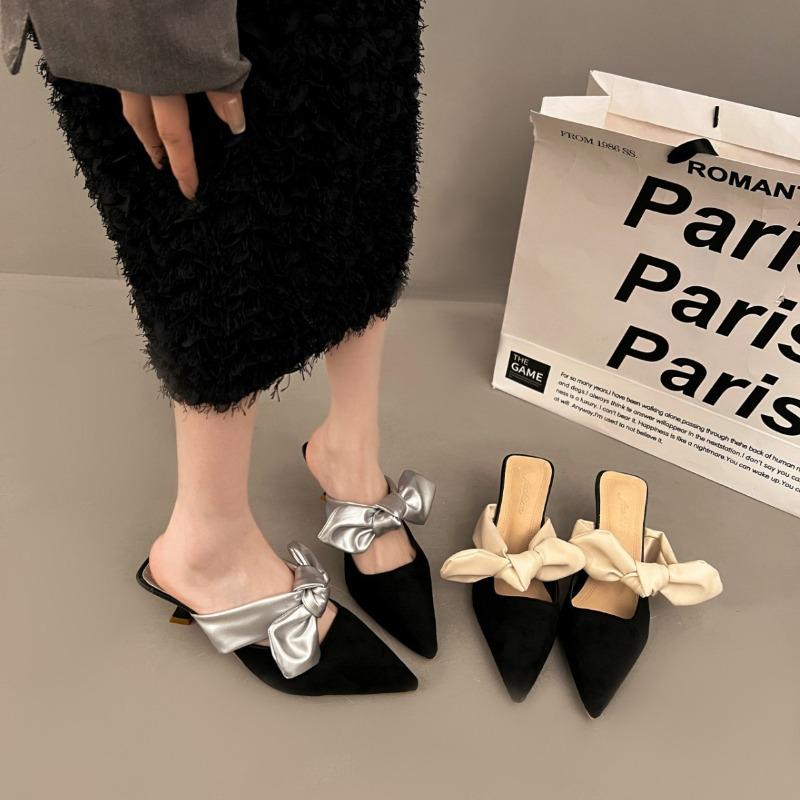 Fashion Hot Selling 2025 Summer New Korean Style Bow Bag Heel Half Drag Fine Track Sandals Women's Shoes Silver Ultrafine Fiber