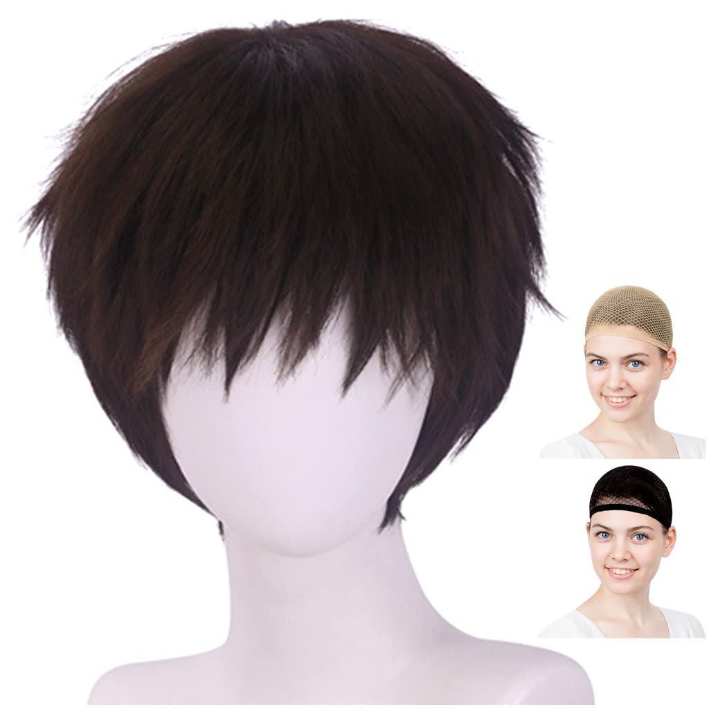 CaseEden Cosplay Wig, Short, 30cm, Heat-Resistant, Dark Brown, Includes 2 Wig Nets