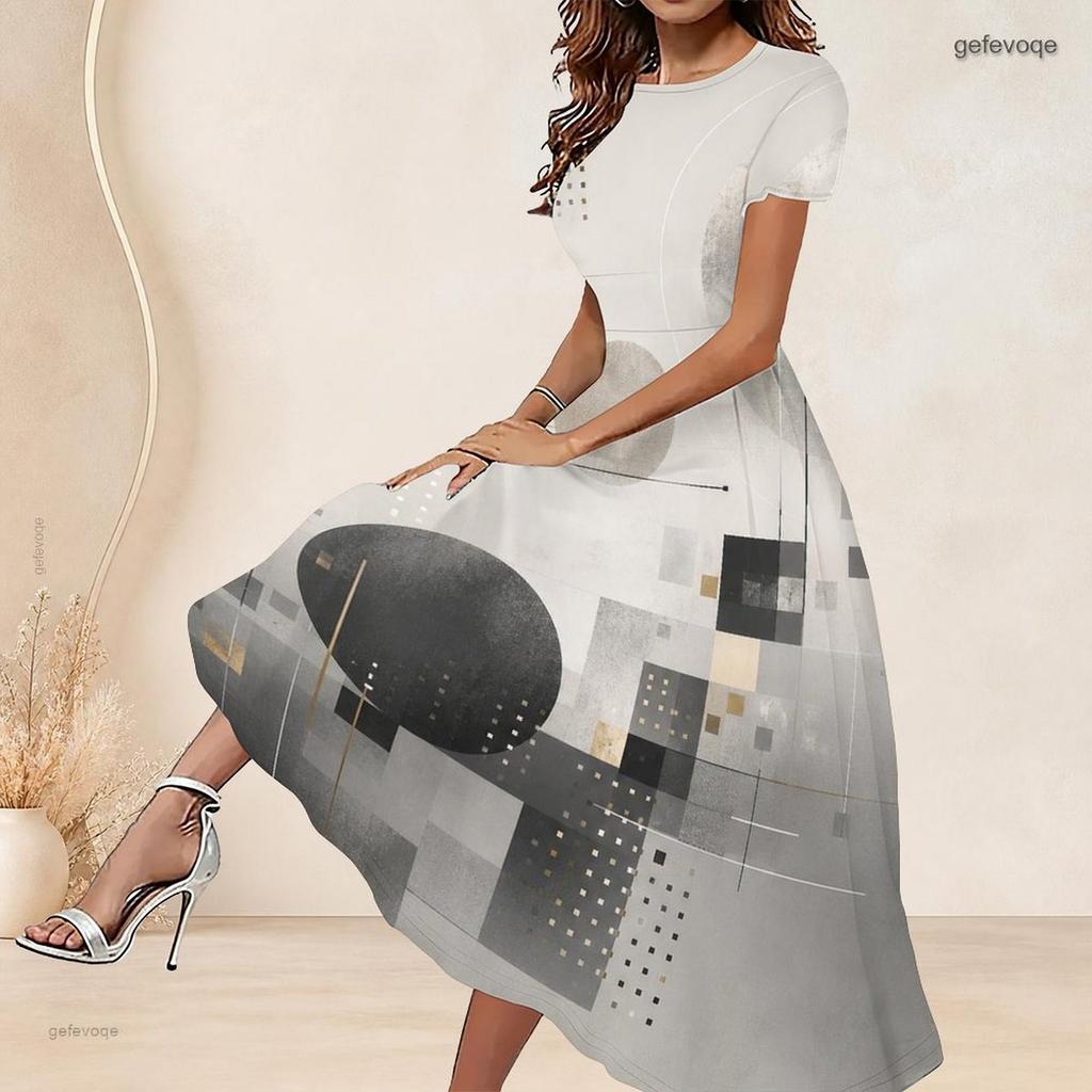Women Plus Size Round Neck Short Sleeve Grey Black Printed A Line Long Dress