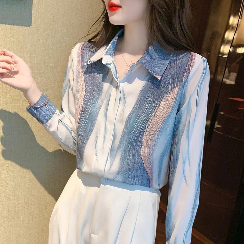 Herbst Senior Designgefühl Druck Einreihige Bluse Damen Neu Langarm Klassischer Polokragen Chiffon Pulloverhemd