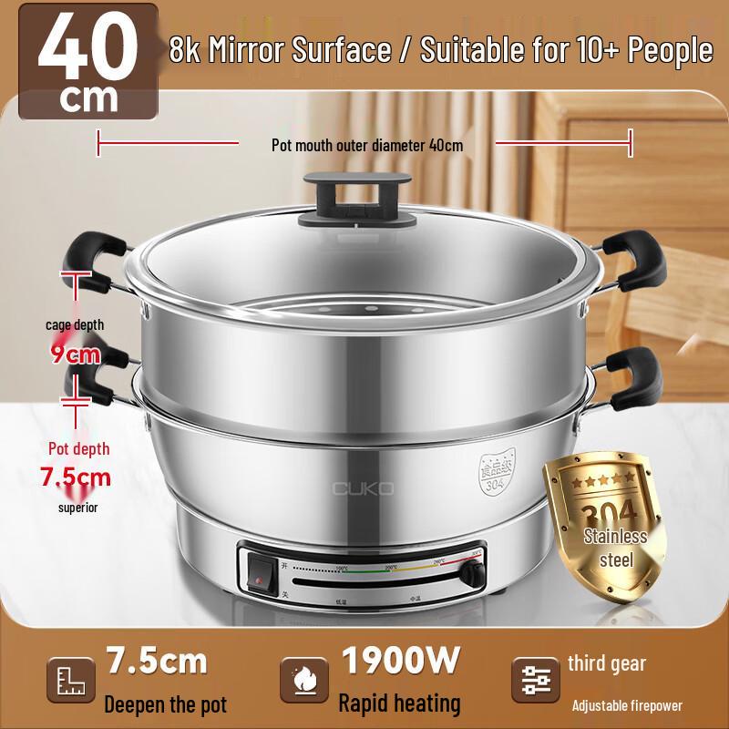 Sartén Eléctrica Multifunción y Plancha CUKO con Tapa de Acero Inoxidable