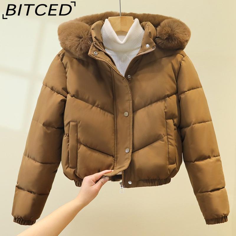 BITCED Plus Size Short Cotton Jacket for Women Winter Puffer Coat with Oversized Fur Collar Versatile Outerwear