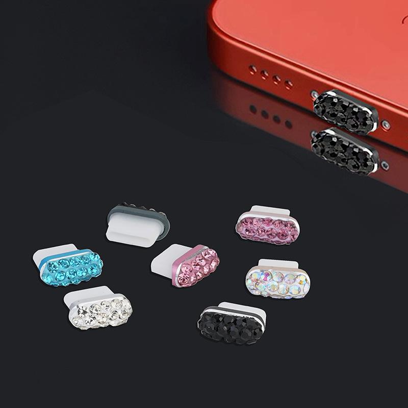 1pc Colored Rhinestone Metal Dustproof Charger Base Plug Cover, Artificial Diamond Charm Charging Port Protector