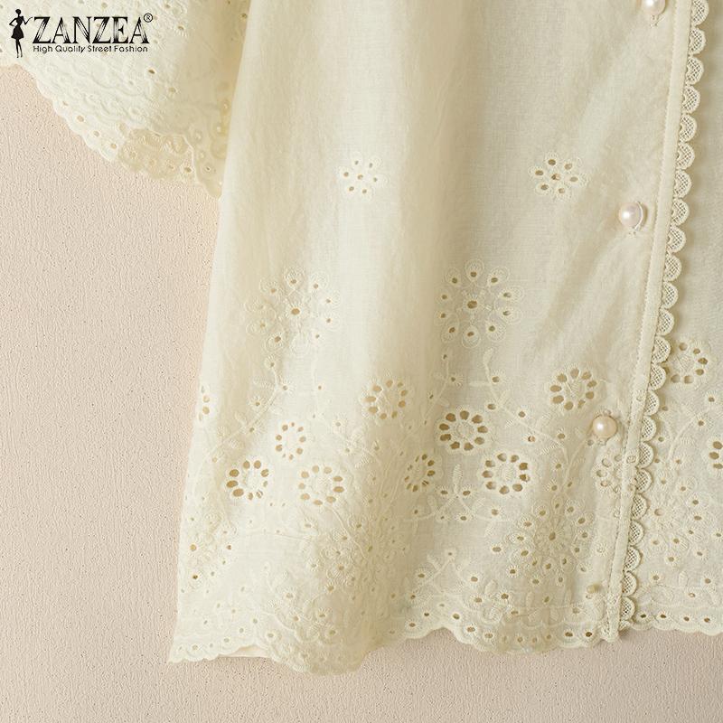 ZANZEA Blouse d'été décontractée à col en V pour femme, manches courtes, broderie dentelle