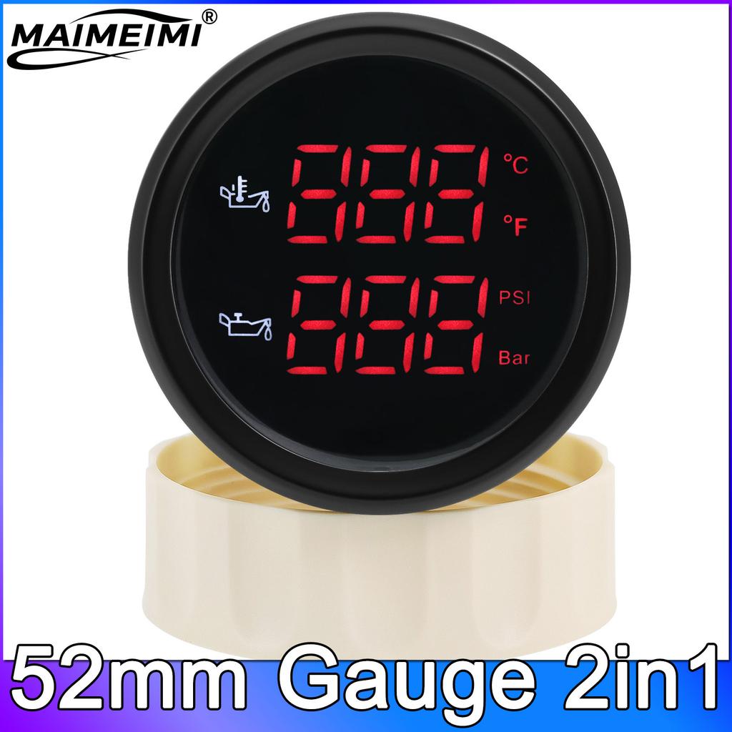 QC Car Oil Pressure Gauge 0-10 BAR Oil Press Oil Temperature LED Meter with Alarm For 12V24V Car Boat 52mm 2 in 1 Meters