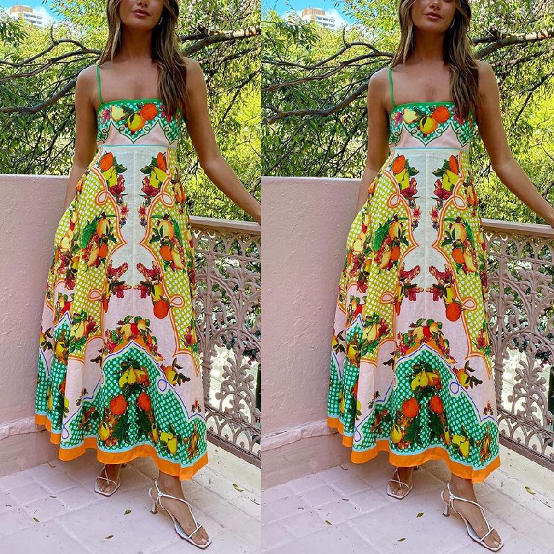 2025 European & American Women's Summer Sleeveless High-Waist Swing Dress with Sexy Suspender & Print Design
