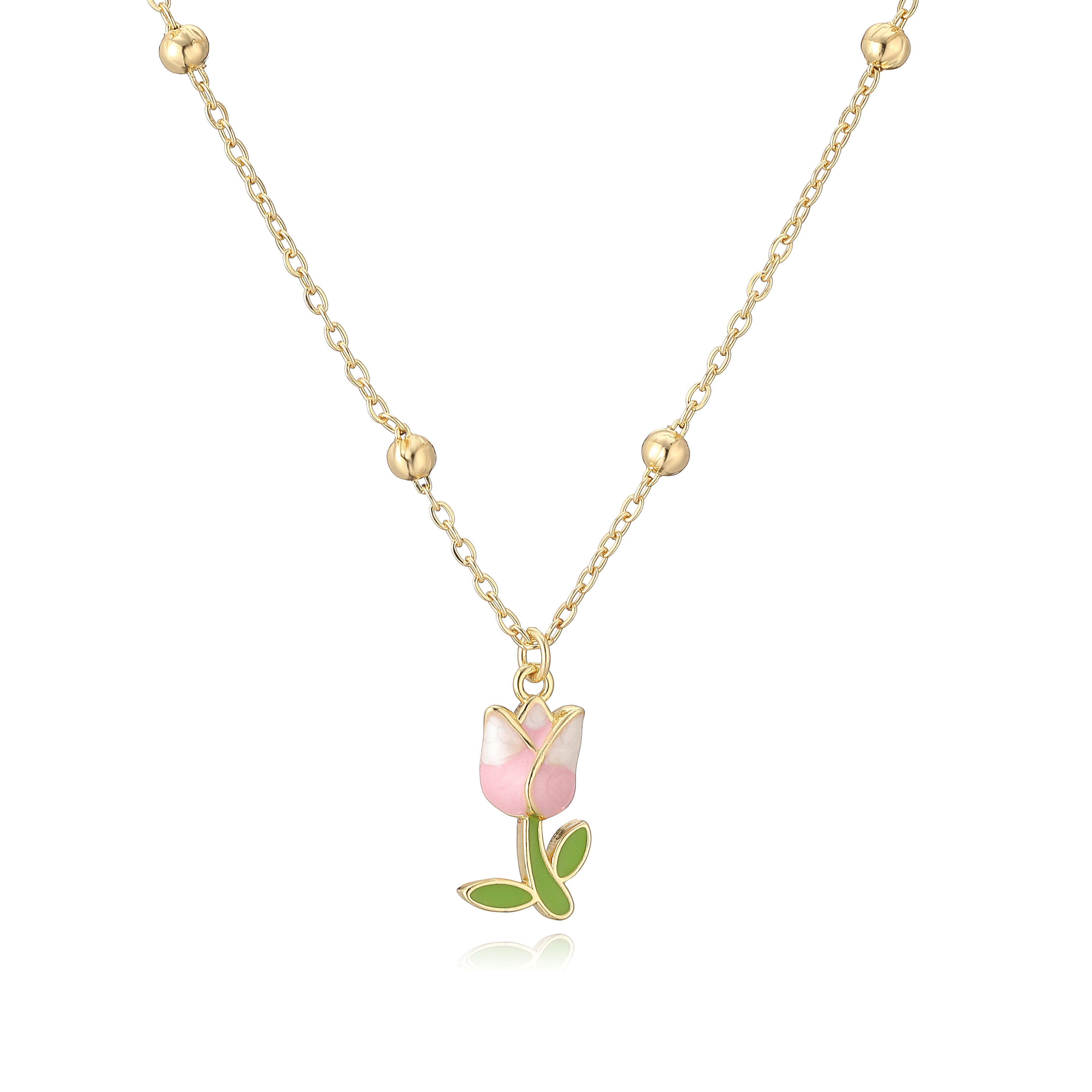 

HECHENG,Enamel Glaze Pink/Orange Rose Tulip Pendant Necklace Earrings French Sweet Romantic Metal Zircon 1 Piece Other
