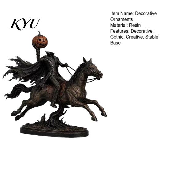 Gothic Style Resin Ornament Halloween Knight On Horseback with Luminous Pumpkin Head Figurine, Decorative Dark Room Decor Lighted Horse Statue