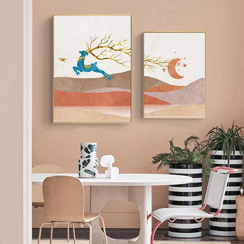 Nordic Landscape Poster Wall Art Canvas Print Picture Mountain Deer Moon Sunrise Modern Abstract Painting for Living Room Decor