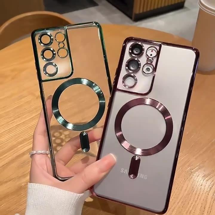 Suitable for Samsung S24 Electroplated Transparent Mobile Phone Case Full Inclusive Lens Film S22ultraCD Pattern Magnetic S23 Soft Case