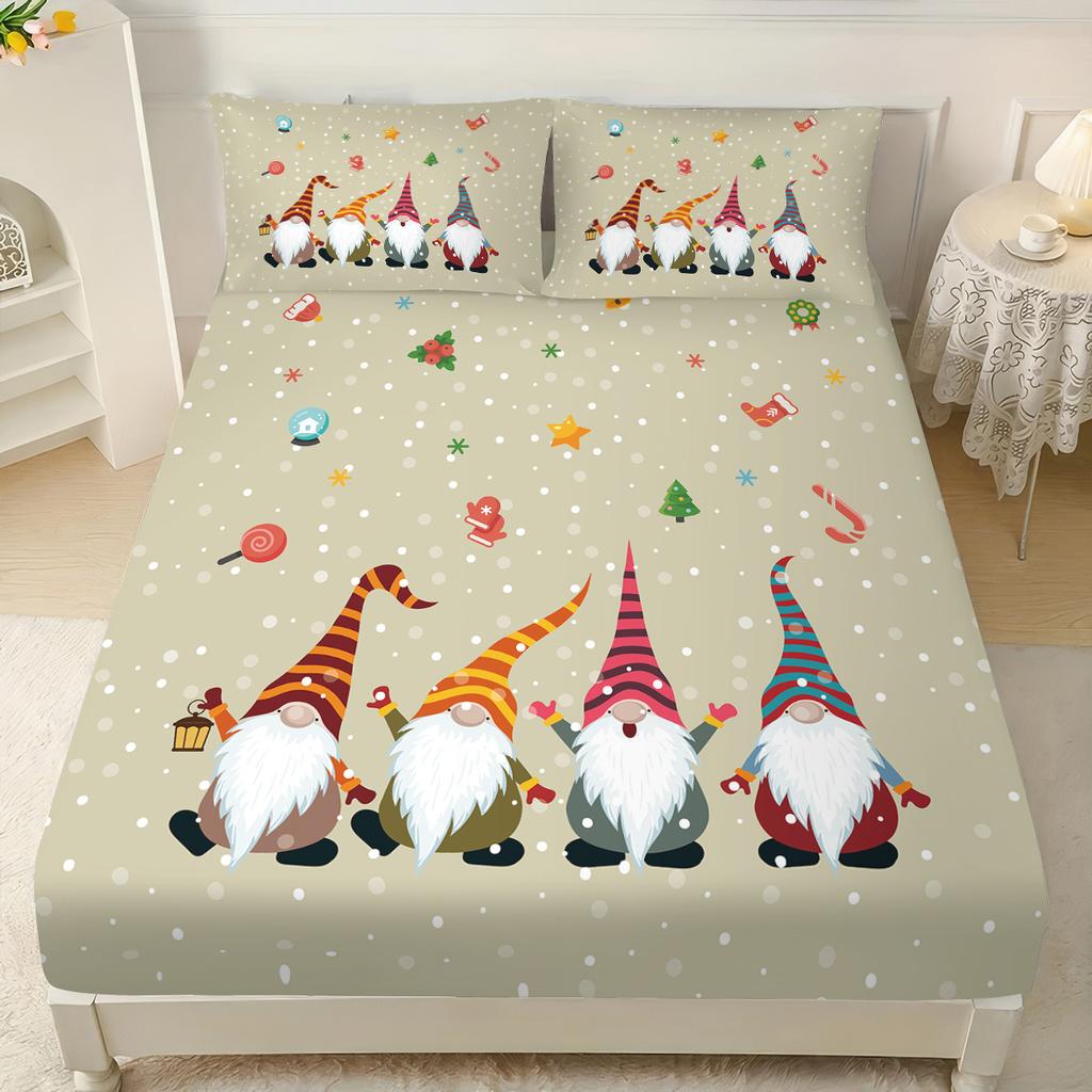3-teiliges Weihnachtswichtel-Druck Spannbettlaken-Set in mehreren Größen, bequeme Bettdecke, Schlafzimmer-Bettwäsche-Dekoration, maschinenwaschbar