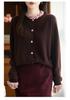 Women's Pure Wool French Color Block Cardigan with Lace Collar - Autumn/Winter Knit Sweater.