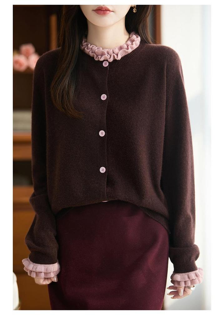 Women's Pure Wool French Color Block Cardigan with Lace Collar - Autumn/Winter Knit Sweater.