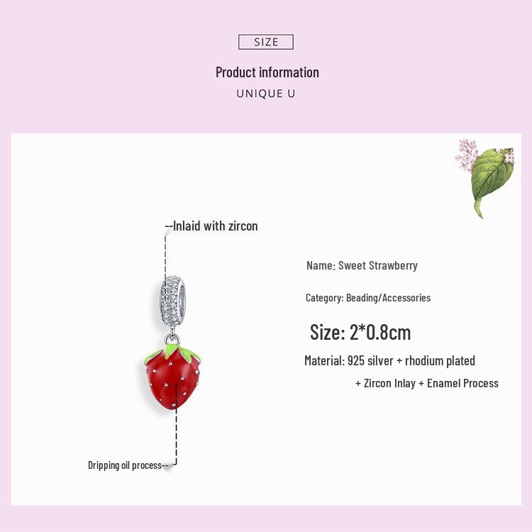 Ziyun Sweetheart Strawberry S925 Silver Pendant - Cute DIY Handmade Beaded Jewelry SCC1537