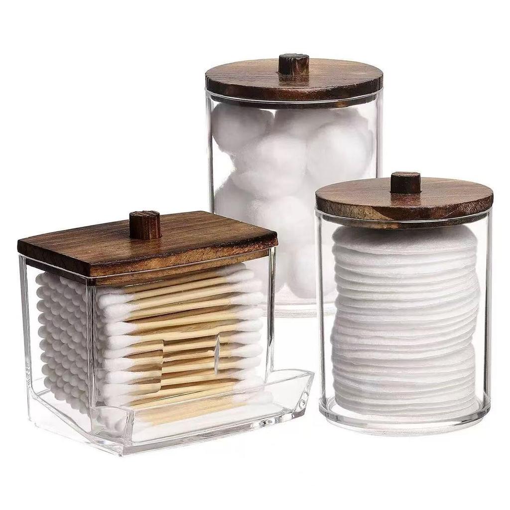 Bamboo Lid Cotton Swab & Makeup Remover Acrylic Storage Box: Includes Cotton Balls, Dental Floss, Round Box