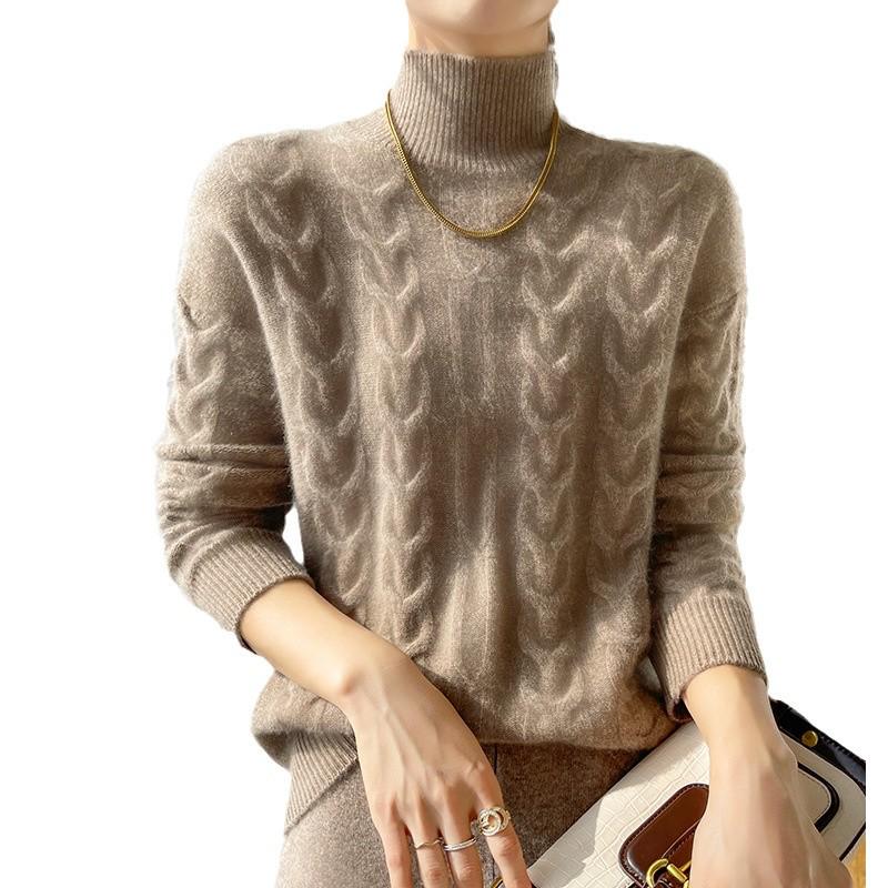 Women's 100% Pure Wool Cable Knit Half-High Neck Sweater - Loose, Thick Pullover for Autumn/Winter