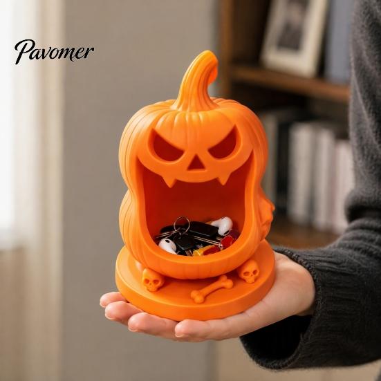 Festive Holiday Home Furnishings Halloween Pumpkin Candy Bowl, 3D Printed Storage Box with Skull Bone Decorative Base, Portable Trick or Treat Jewelry