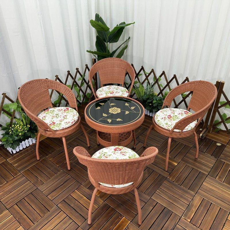 Three-Piece Chinese Style Rattan Table and Chair Set - Indoor Balcony Swivel Chair, Durable Round Five-Piece Swivel Design