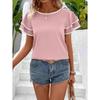 Women Elegant Ruffled Sleeve Color Block Loose Round Neck Short Sleeve Top