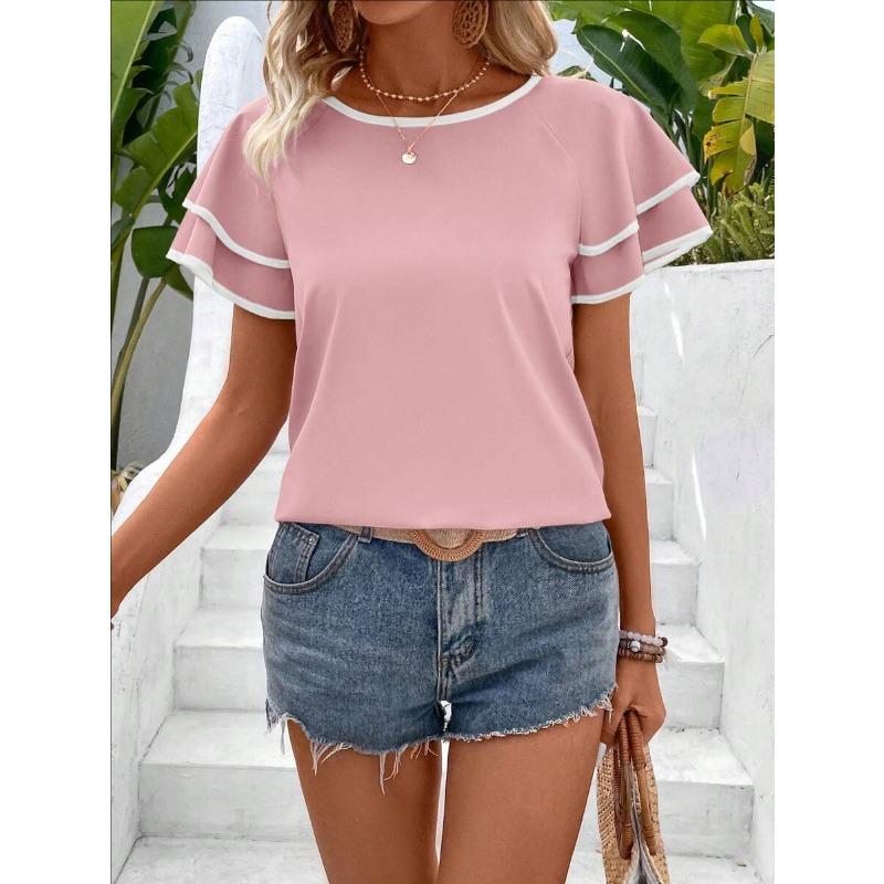 Women Elegant Ruffled Sleeve Color Block Loose Round Neck Short Sleeve Top